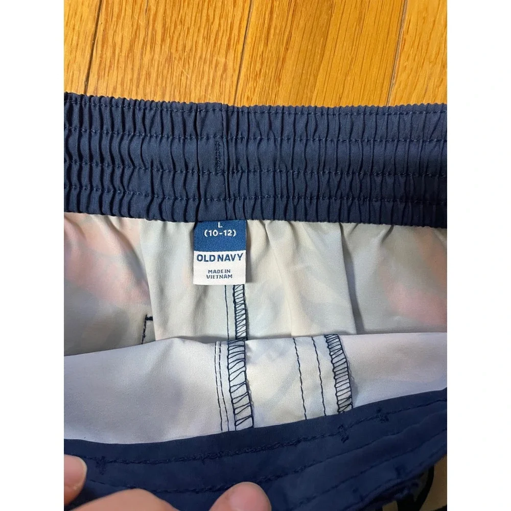 Old Navy‎ Boys Tropical Palm Swim Trunks UPF 50 Navy /Coral / tan L 10-12